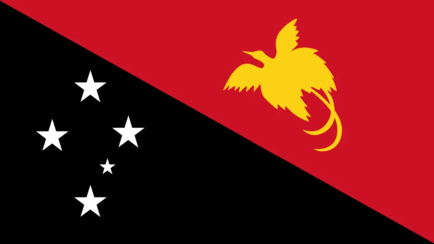 The flag of Papua New Guinea consists of a diagonal black stripe and a diagonal red stripe, creating a triangular shape. The black triangle features five white stars representing the Southern Cross constellation, while the red triangle includes a yellow b